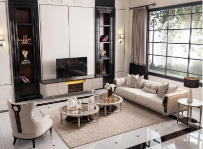 Living room Group three-seater armchair fabric sofa 6-piece beige coffee tables